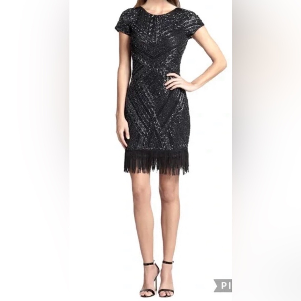 Aidan Mattox Navy Sequin Fringe Dress